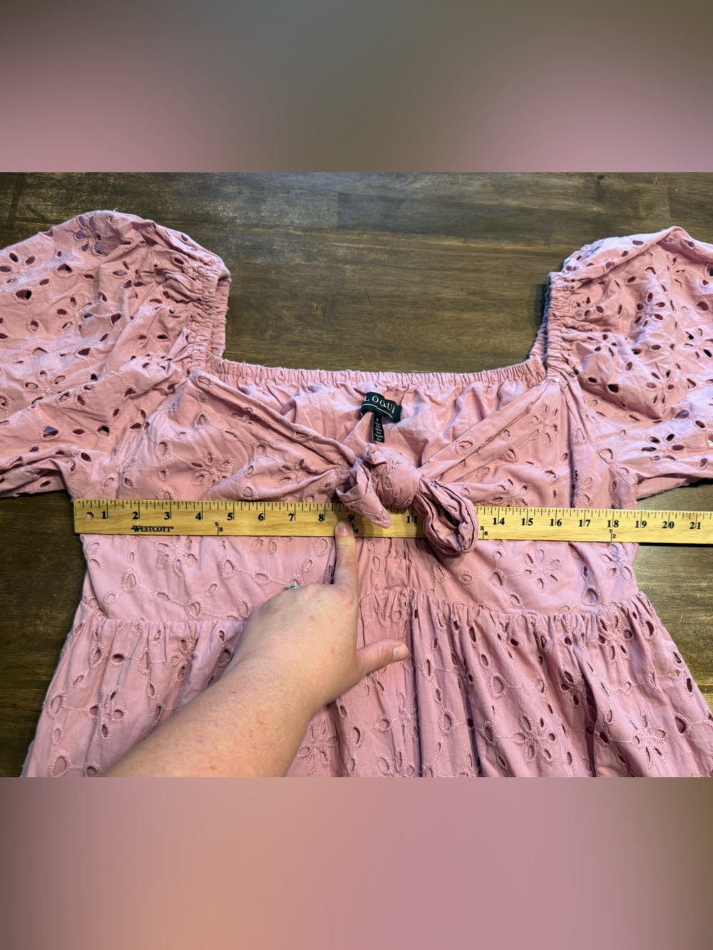 Eloquii Woman’s Eyelet Detain Tie Front Puff Sleeve Maxi Dress SZ 16 Pink Mauve - Picture 10 of 10